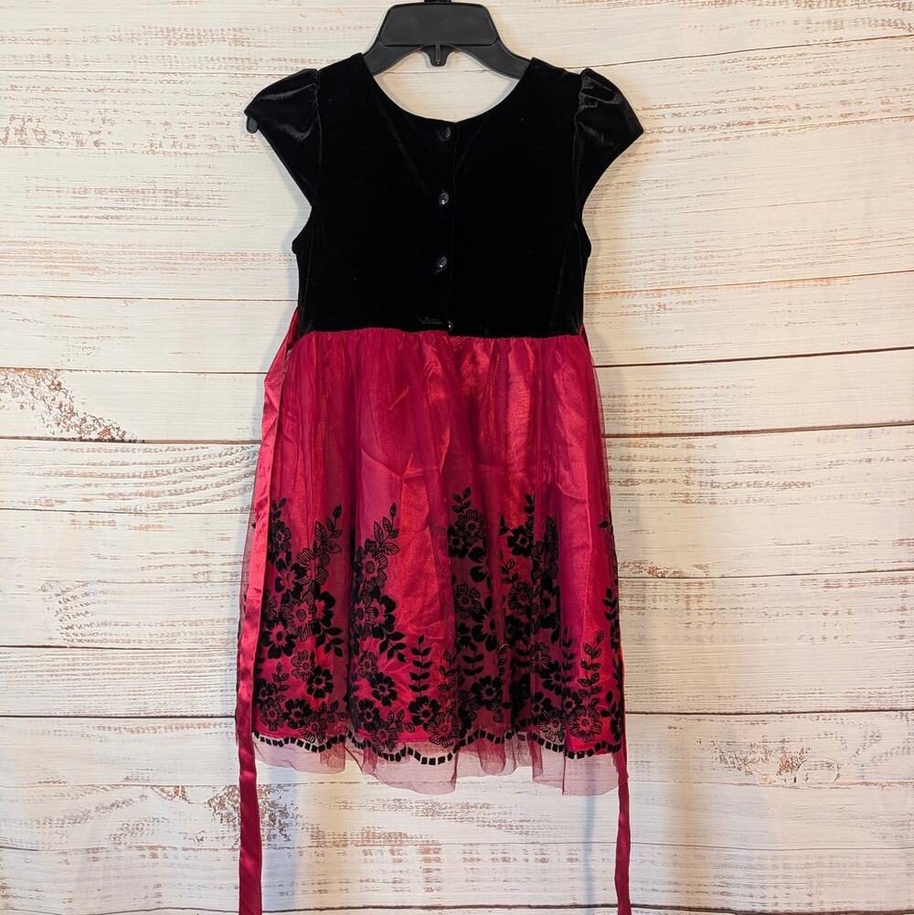 Jonah Michelle Girls Sz 7 Red Black Velvet Tulle Dress Glitter Floral Bow Party